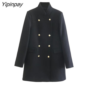 Yipinpay 2023 New Winter Solid Coat Women Double Breasted Long Sleeve Jacket Outwear Warm Basic Female Fashion Overcoat
